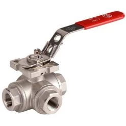 Vanne à Sphère INOX 3 Voies - Lumière En L - FF Ø1/4" (8/13) - Poignée Plate Rouge - Sferaco